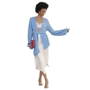 Anthropologie Self Contrast Baby Blue Chunky Knit Tie Wrap Cardigan OS NWT $120